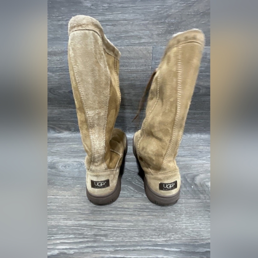 UGG vintage brown tan leather tall Drawstring boots sheepskin Platform Sherpa 9 - Picture 7 of 12